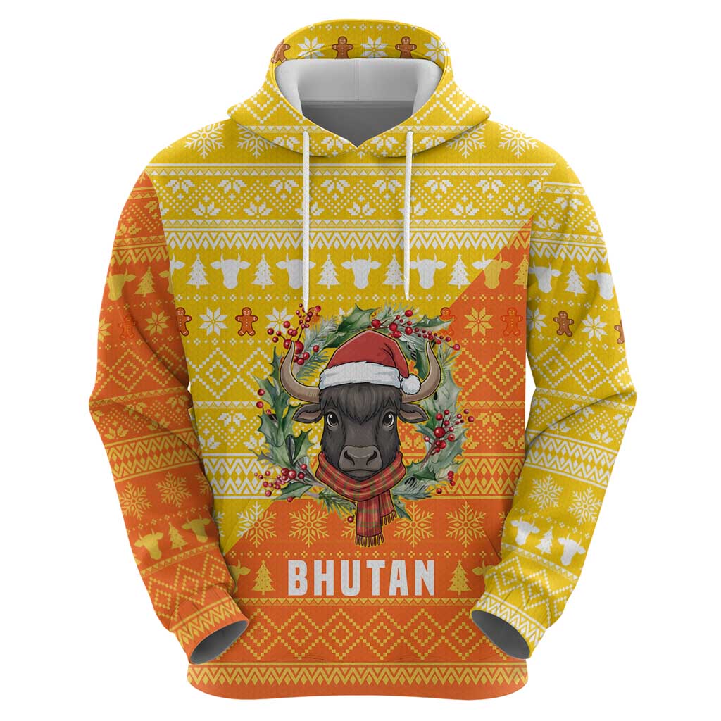 Bhutan Christmas Zip Hoodie with Takin Reindeer Antlers Santa Hat and Yellow Orange Holiday Pattern - Wonder Print Shop