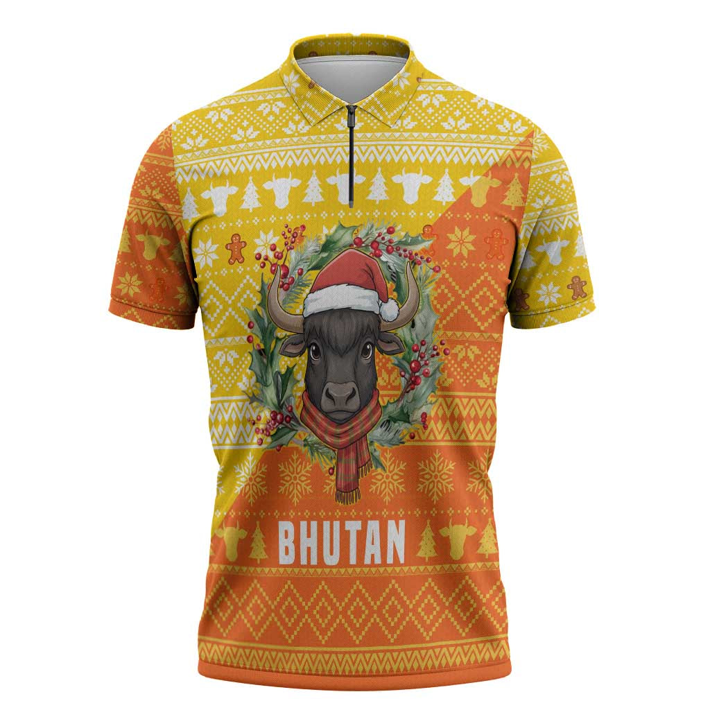 Bhutan Christmas Zipper Polo Shirt with Takin Reindeer Antlers Santa Hat and Yellow Orange Holiday Pattern - Wonder Print Shop