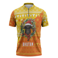 Bhutan Christmas Zipper Polo Shirt with Takin Reindeer Antlers Santa Hat and Yellow Orange Holiday Pattern - Wonder Print Shop