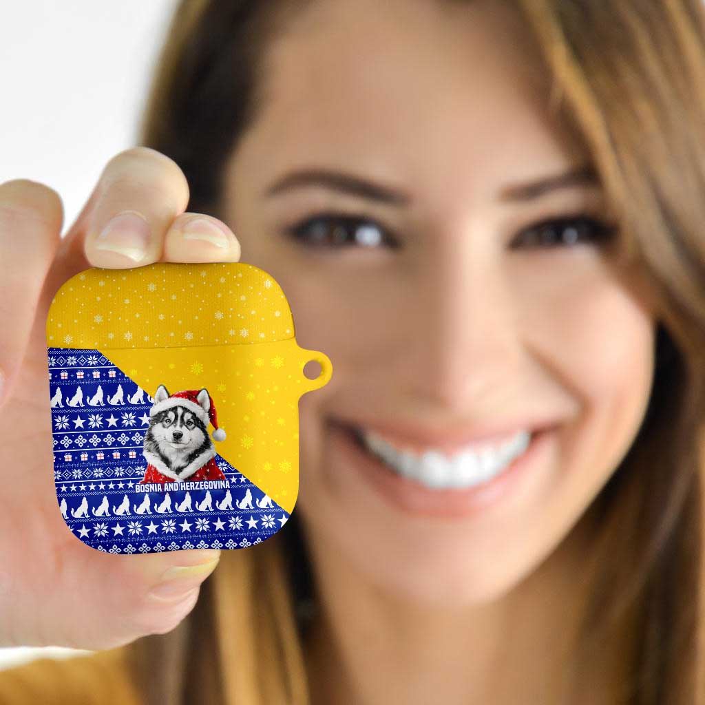Bosnia and Herzegovina Christmas AirPods Case with Husky Dog Santa Hat and Blue Yellow Snowflake Pattern - Wonder Print Shop