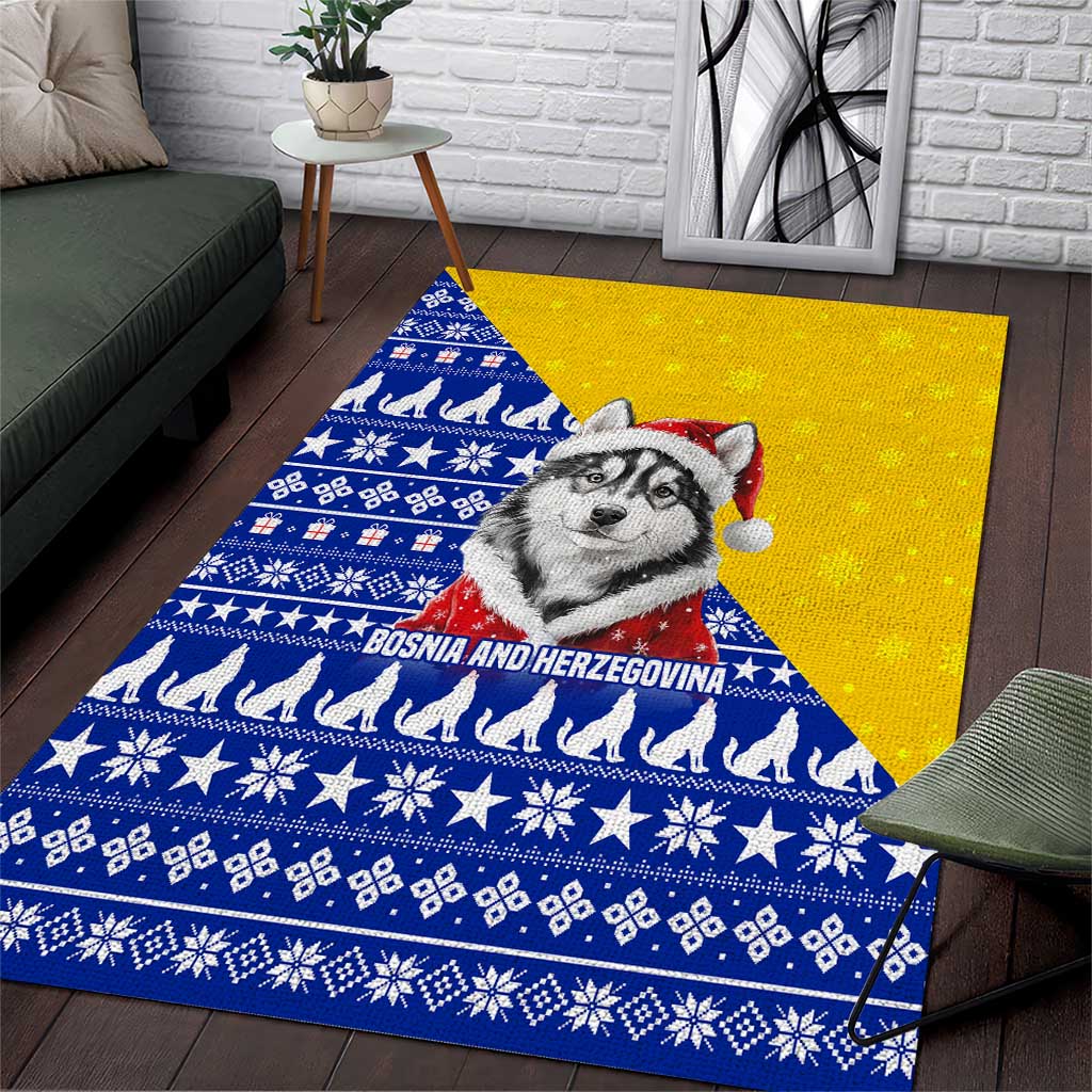 Bosnia and Herzegovina Christmas Area Rug with Husky Dog Santa Hat and Blue Yellow Snowflake Pattern - Wonder Print Shop