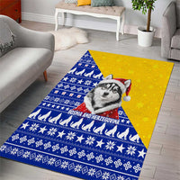 Bosnia and Herzegovina Christmas Area Rug with Husky Dog Santa Hat and Blue Yellow Snowflake Pattern - Wonder Print Shop