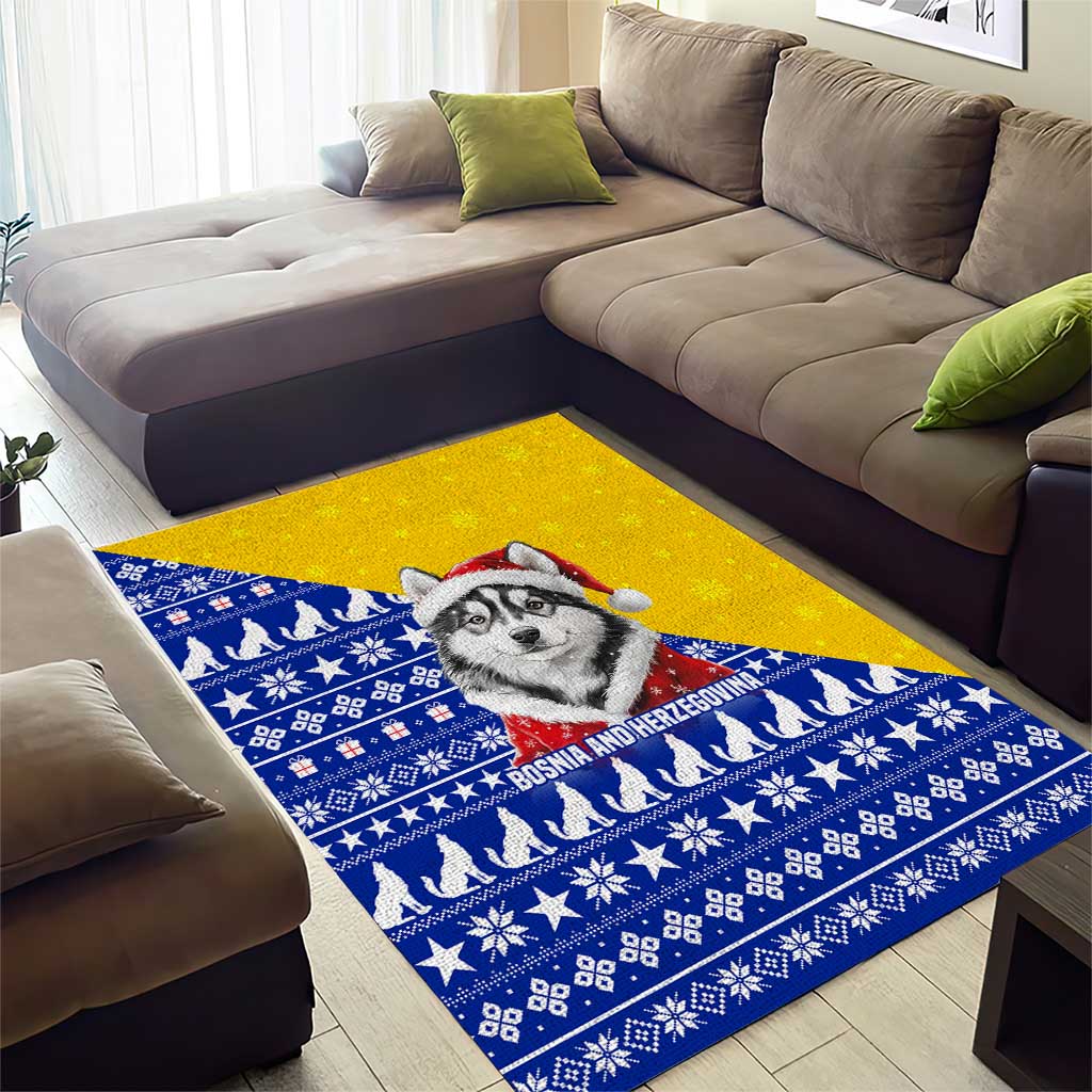 Bosnia and Herzegovina Christmas Area Rug with Husky Dog Santa Hat and Blue Yellow Snowflake Pattern - Wonder Print Shop