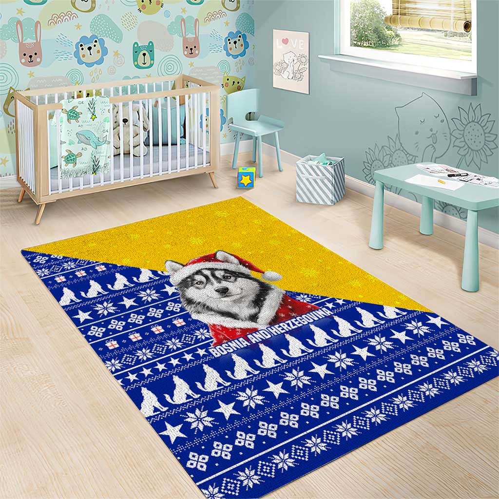 Bosnia and Herzegovina Christmas Area Rug with Husky Dog Santa Hat and Blue Yellow Snowflake Pattern - Wonder Print Shop