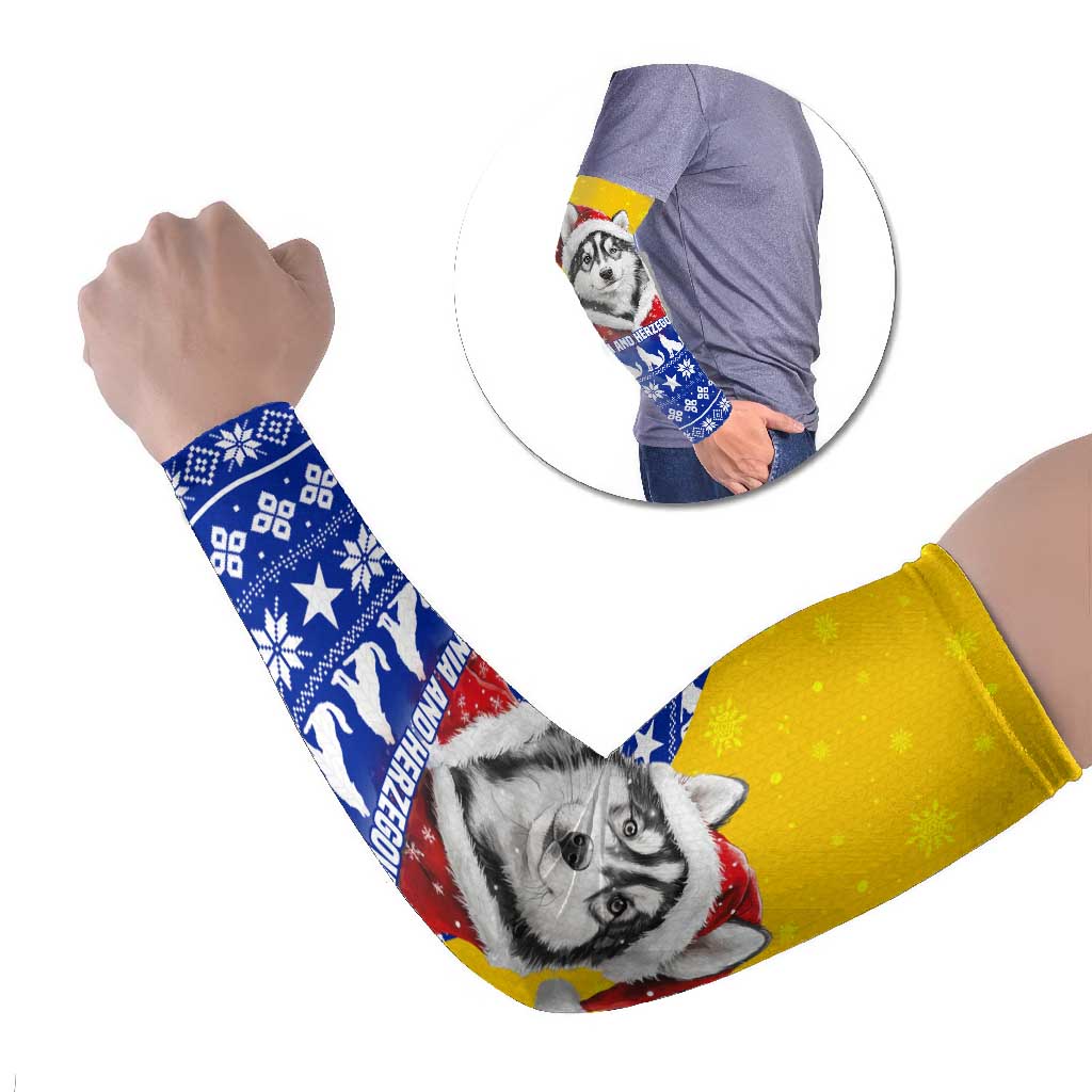 Bosnia and Herzegovina Christmas Arm Sleeves with Husky Dog Santa Hat and Blue Yellow Snowflake Pattern - Wonder Print Shop