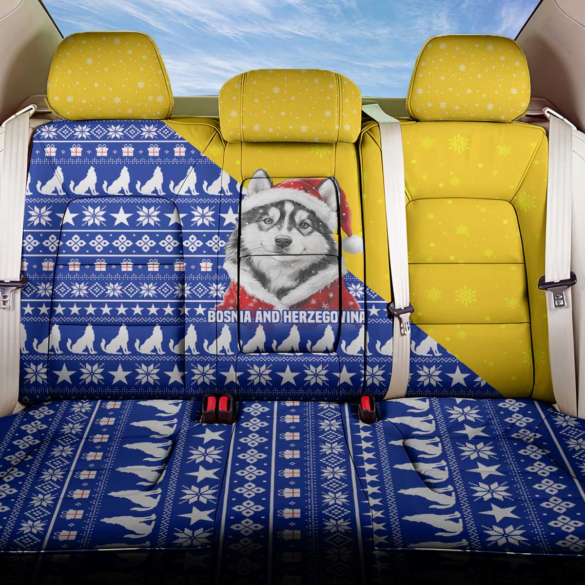 Bosnia and Herzegovina Christmas Back Car Seat Cover with Husky Dog Santa Hat and Blue Yellow Snowflake Pattern - Wonder Print Shop