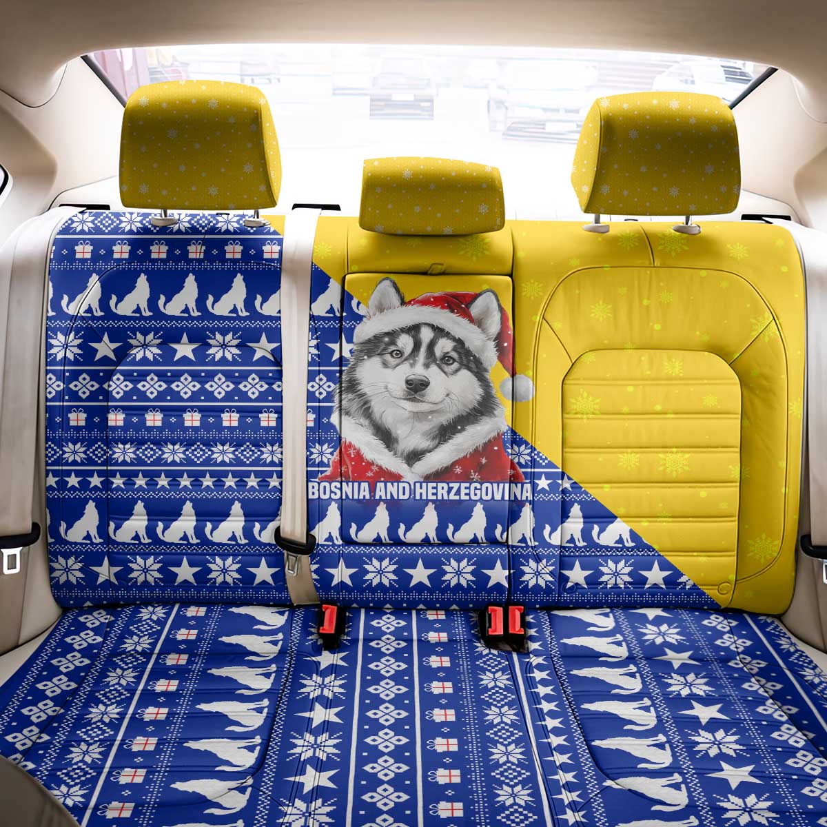Bosnia and Herzegovina Christmas Back Car Seat Cover with Husky Dog Santa Hat and Blue Yellow Snowflake Pattern - Wonder Print Shop