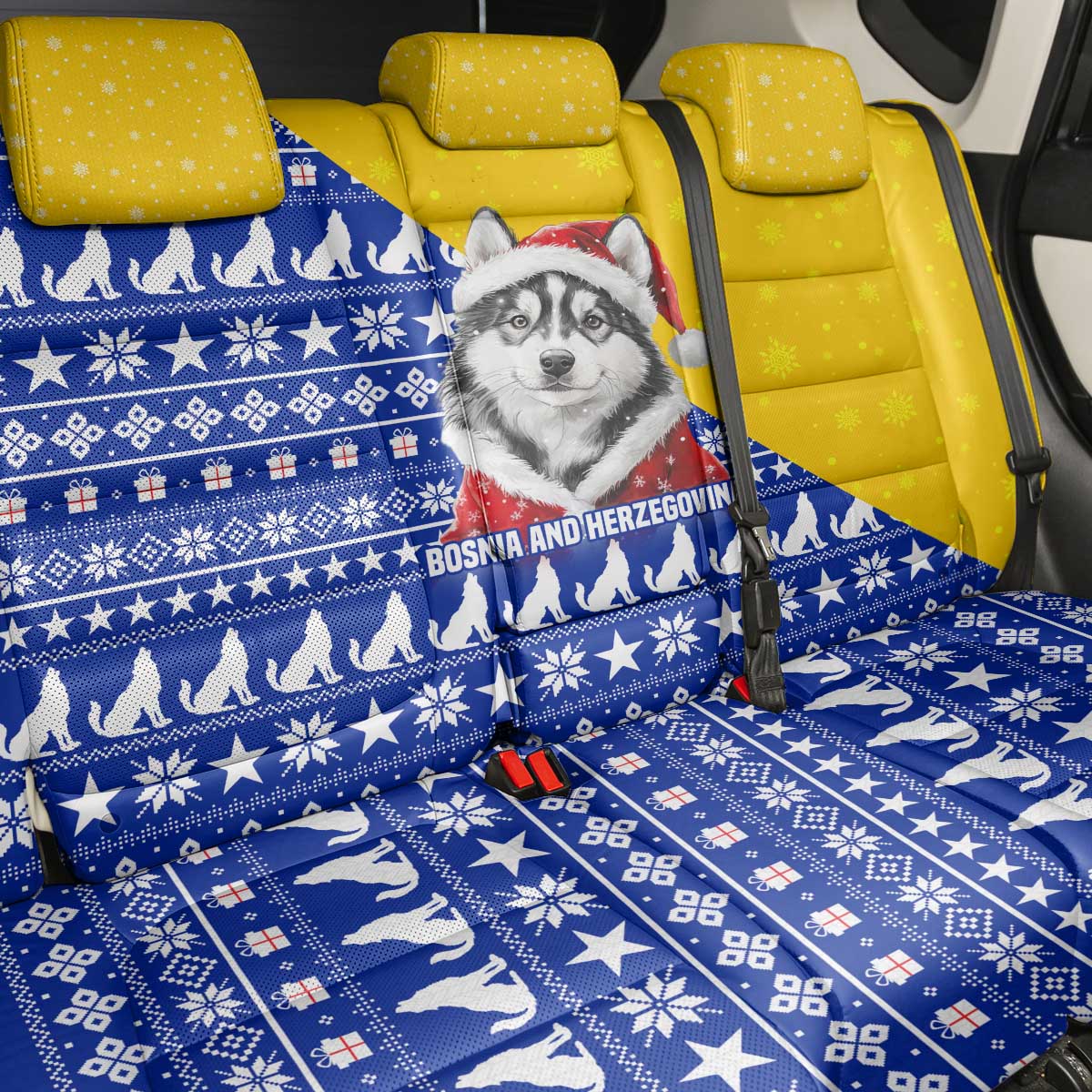 Bosnia and Herzegovina Christmas Back Car Seat Cover with Husky Dog Santa Hat and Blue Yellow Snowflake Pattern - Wonder Print Shop