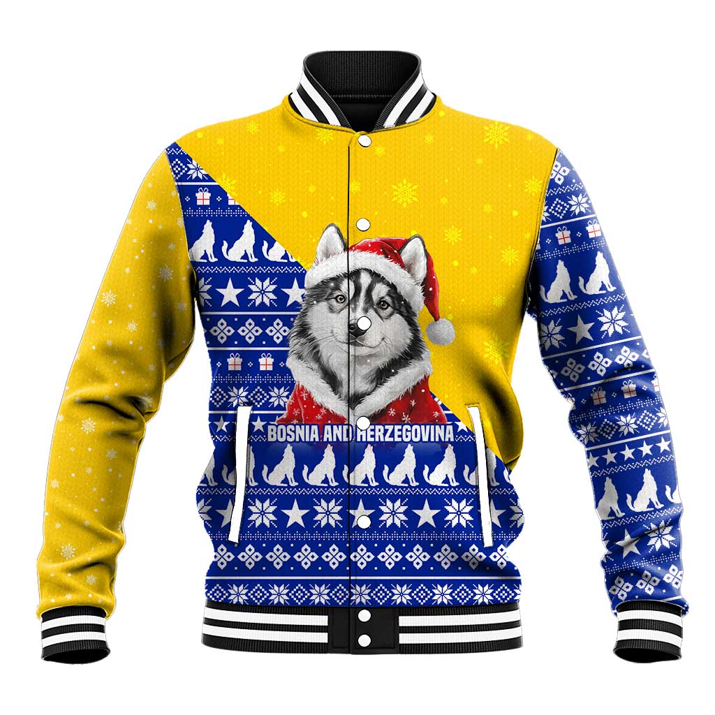 Bosnia and Herzegovina Christmas Baseball Jacket with Husky Dog Santa Hat and Blue Yellow Snowflake Pattern - Wonder Print Shop
