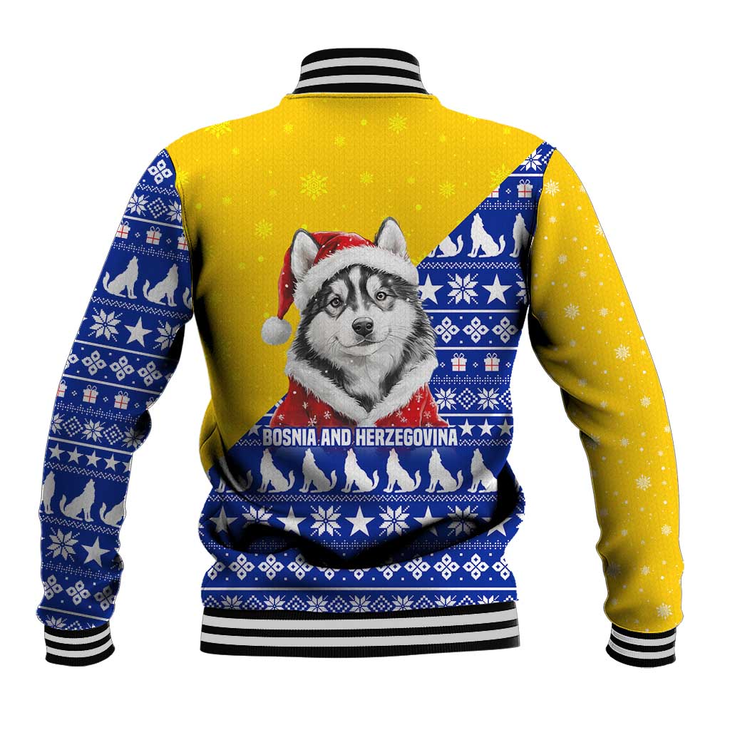 Bosnia and Herzegovina Christmas Baseball Jacket with Husky Dog Santa Hat and Blue Yellow Snowflake Pattern - Wonder Print Shop