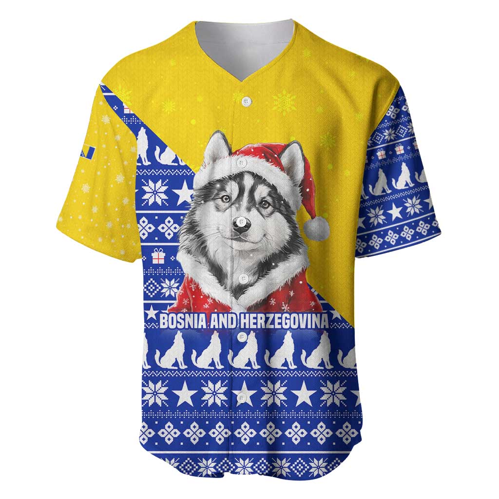 Bosnia and Herzegovina Christmas Baseball Jersey with Husky Dog Santa Hat and Blue Yellow Snowflake Pattern - Wonder Print Shop