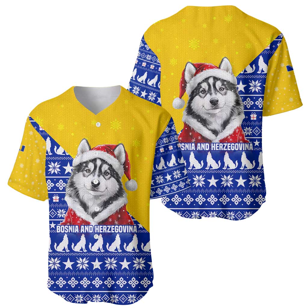Bosnia and Herzegovina Christmas Baseball Jersey with Husky Dog Santa Hat and Blue Yellow Snowflake Pattern - Wonder Print Shop