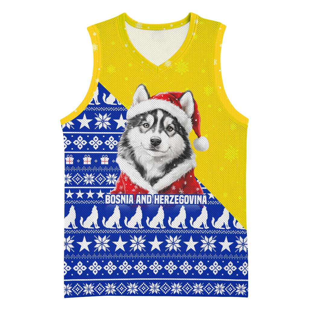 Bosnia and Herzegovina Christmas Basketball Jersey with Husky Dog Santa Hat and Blue Yellow Snowflake Pattern - Wonder Print Shop