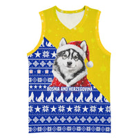 Bosnia and Herzegovina Christmas Basketball Jersey with Husky Dog Santa Hat and Blue Yellow Snowflake Pattern - Wonder Print Shop
