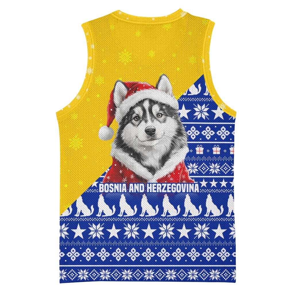 Bosnia and Herzegovina Christmas Basketball Jersey with Husky Dog Santa Hat and Blue Yellow Snowflake Pattern - Wonder Print Shop