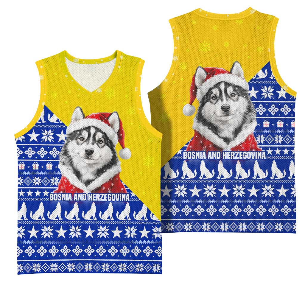 Bosnia and Herzegovina Christmas Basketball Jersey with Husky Dog Santa Hat and Blue Yellow Snowflake Pattern - Wonder Print Shop