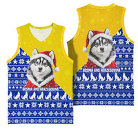 Bosnia and Herzegovina Christmas Basketball Jersey with Husky Dog Santa Hat and Blue Yellow Snowflake Pattern - Wonder Print Shop