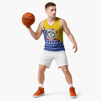Bosnia and Herzegovina Christmas Basketball Jersey with Husky Dog Santa Hat and Blue Yellow Snowflake Pattern - Wonder Print Shop