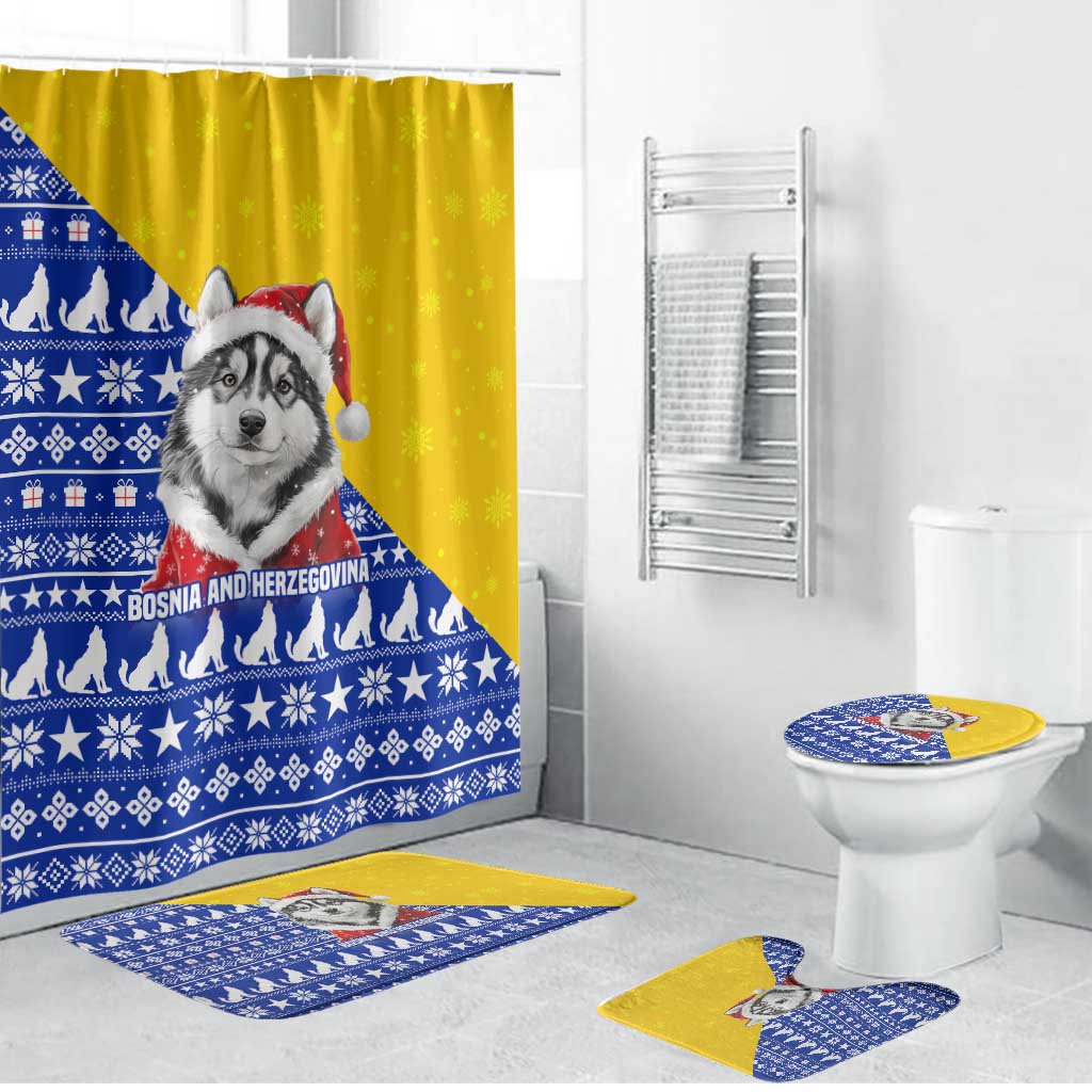 Bosnia and Herzegovina Christmas Bathroom Set with Husky Dog Santa Hat and Blue Yellow Snowflake Pattern - Wonder Print Shop