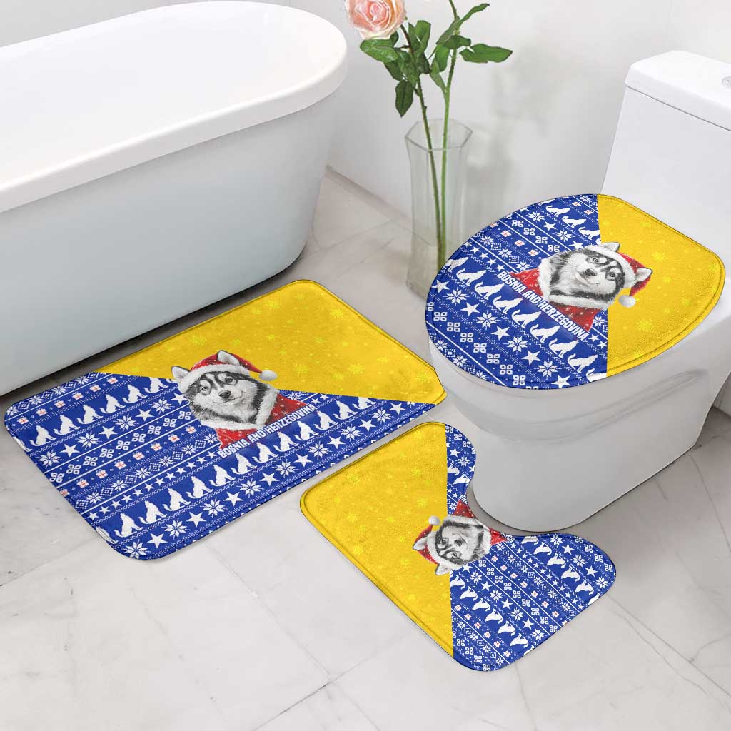 Bosnia and Herzegovina Christmas Bathroom Set with Husky Dog Santa Hat and Blue Yellow Snowflake Pattern - Wonder Print Shop
