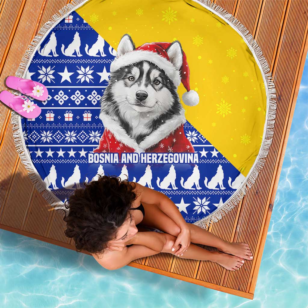 Bosnia and Herzegovina Christmas Beach Blanket with Husky Dog Santa Hat and Blue Yellow Snowflake Pattern - Wonder Print Shop