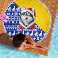 Bosnia and Herzegovina Christmas Beach Blanket with Husky Dog Santa Hat and Blue Yellow Snowflake Pattern - Wonder Print Shop
