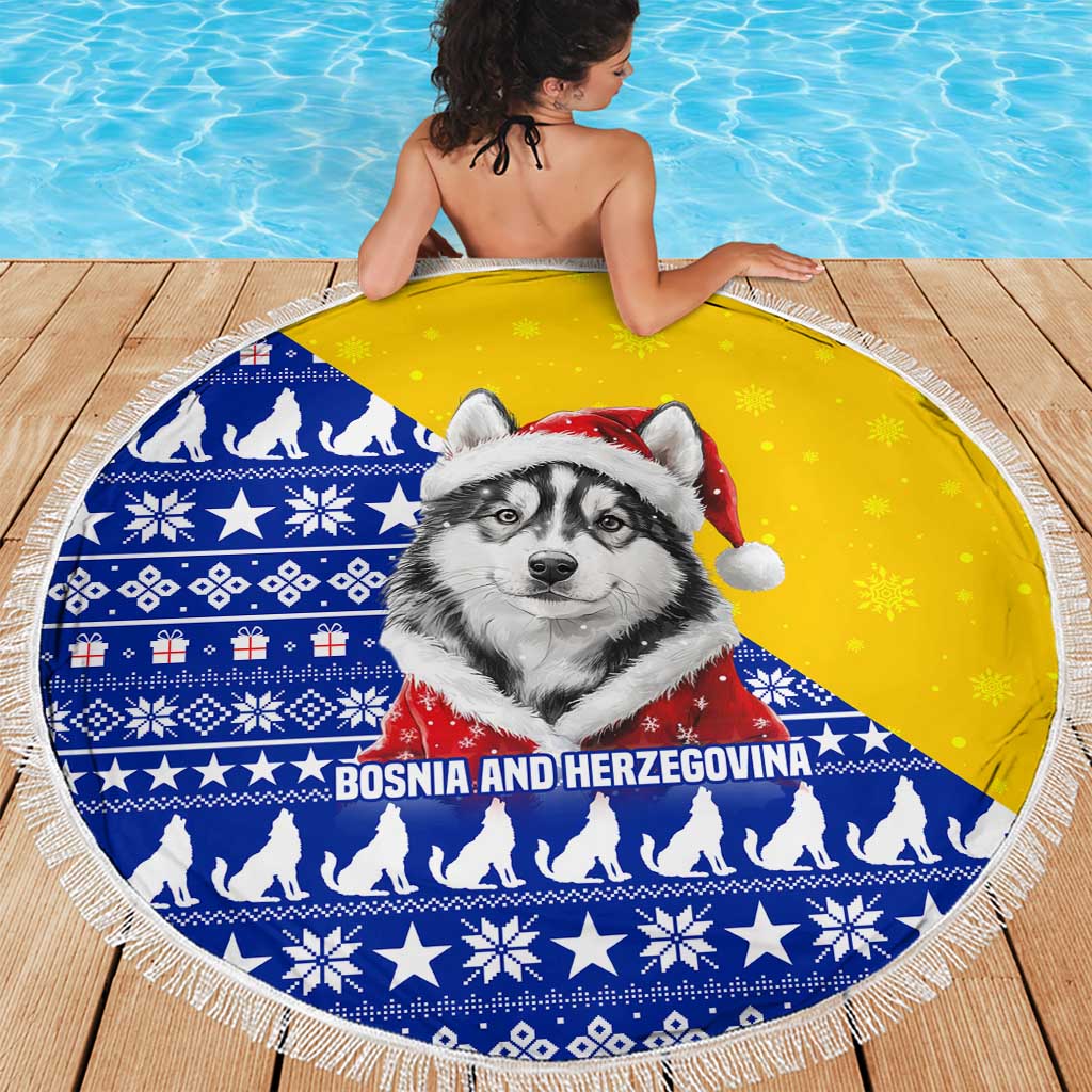 Bosnia and Herzegovina Christmas Beach Blanket with Husky Dog Santa Hat and Blue Yellow Snowflake Pattern - Wonder Print Shop