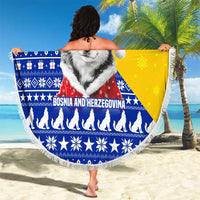 Bosnia and Herzegovina Christmas Beach Blanket with Husky Dog Santa Hat and Blue Yellow Snowflake Pattern - Wonder Print Shop