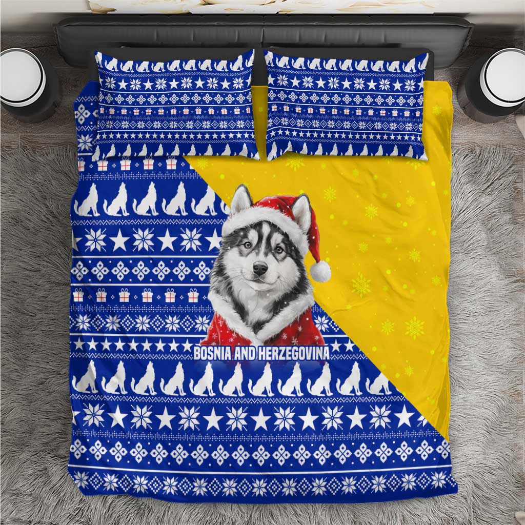 Bosnia and Herzegovina Christmas Bedding Set with Husky Dog Santa Hat and Blue Yellow Snowflake Pattern - Wonder Print Shop