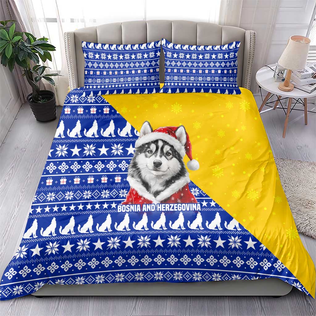 Bosnia and Herzegovina Christmas Bedding Set with Husky Dog Santa Hat and Blue Yellow Snowflake Pattern - Wonder Print Shop