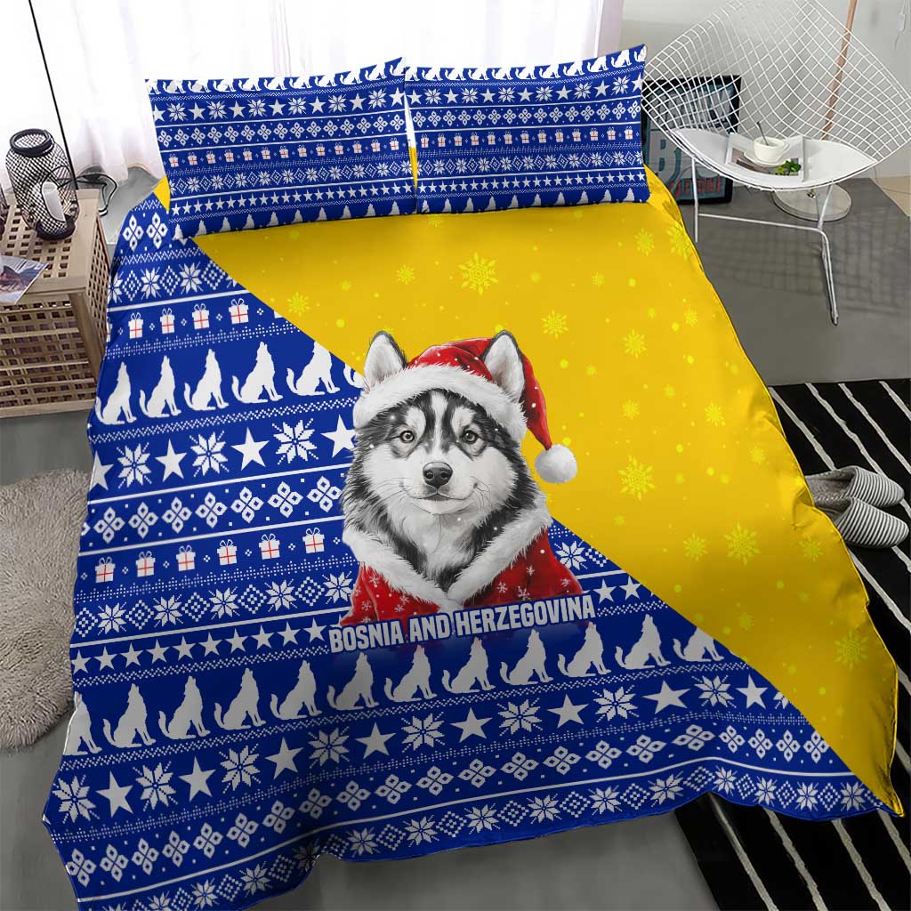 Bosnia and Herzegovina Christmas Bedding Set with Husky Dog Santa Hat and Blue Yellow Snowflake Pattern - Wonder Print Shop