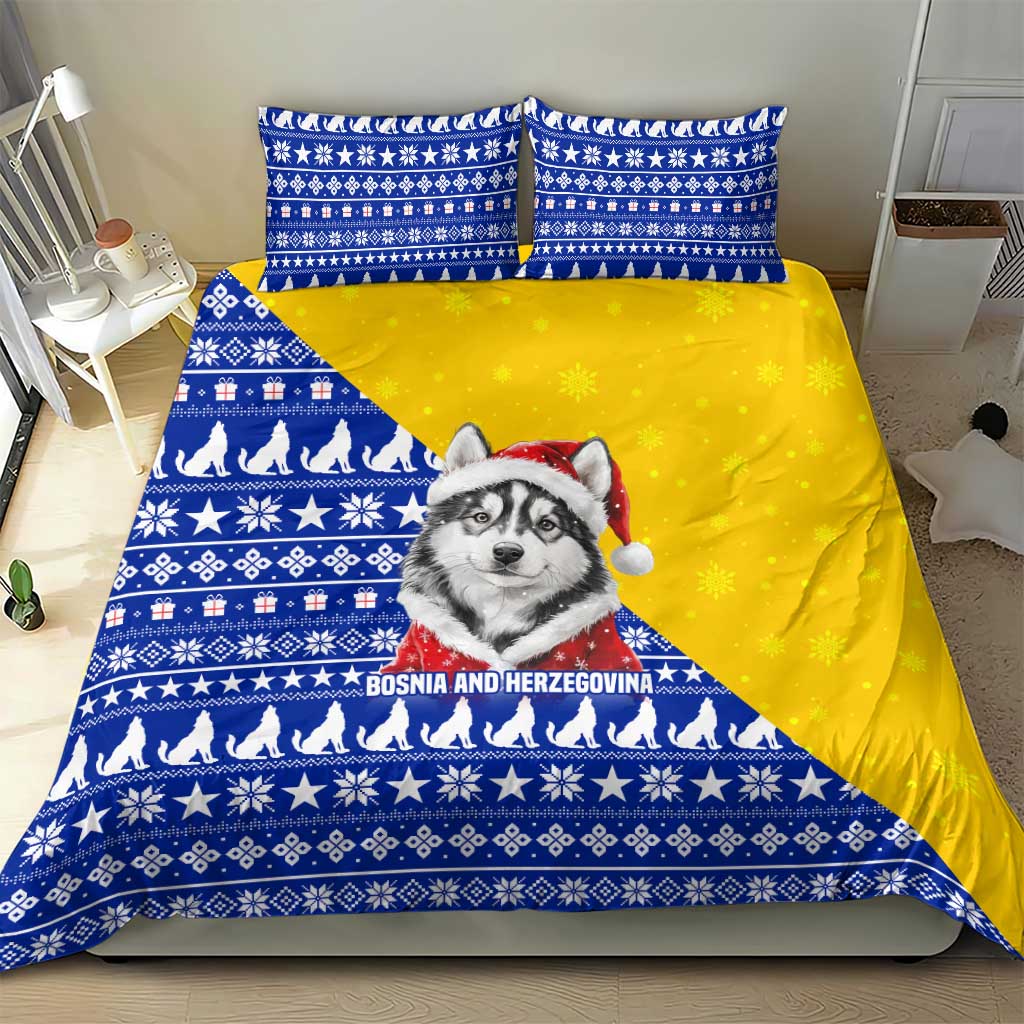Bosnia and Herzegovina Christmas Bedding Set with Husky Dog Santa Hat and Blue Yellow Snowflake Pattern - Wonder Print Shop