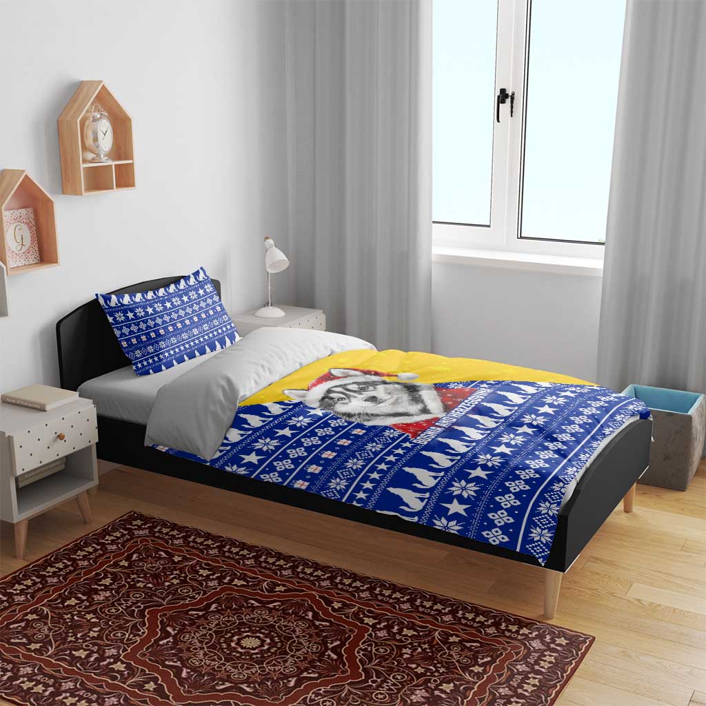 Bosnia and Herzegovina Christmas Bedding Set with Husky Dog Santa Hat and Blue Yellow Snowflake Pattern - Wonder Print Shop