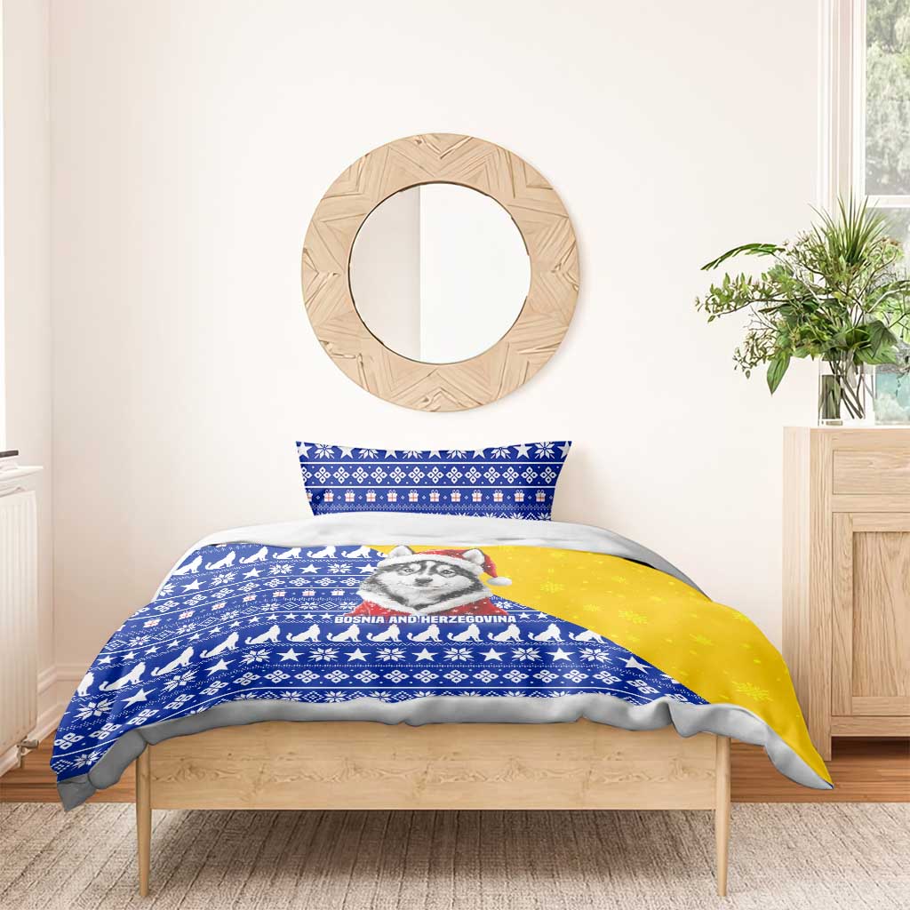 Bosnia and Herzegovina Christmas Bedding Set with Husky Dog Santa Hat and Blue Yellow Snowflake Pattern - Wonder Print Shop