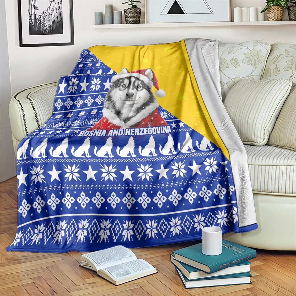 Bosnia and Herzegovina Christmas Blanket with Husky Dog Santa Hat and Blue Yellow Snowflake Pattern - Wonder Print Shop