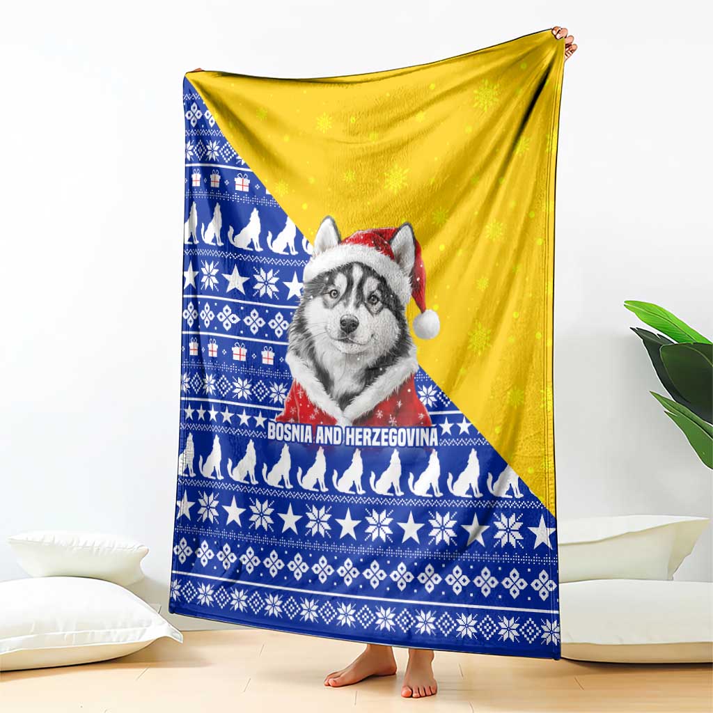Bosnia and Herzegovina Christmas Blanket with Husky Dog Santa Hat and Blue Yellow Snowflake Pattern - Wonder Print Shop