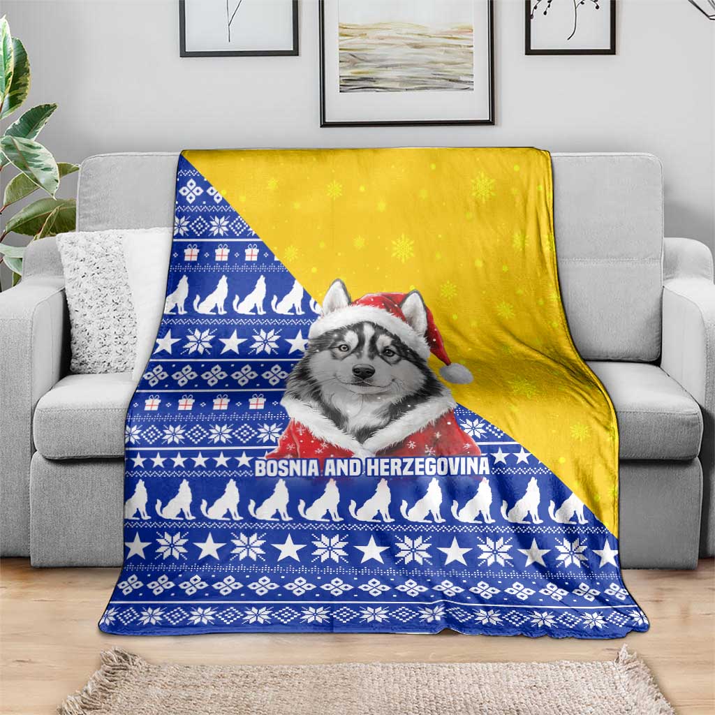 Bosnia and Herzegovina Christmas Blanket with Husky Dog Santa Hat and Blue Yellow Snowflake Pattern - Wonder Print Shop