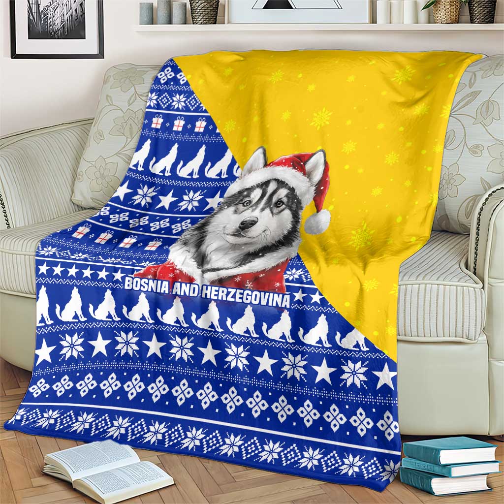 Bosnia and Herzegovina Christmas Blanket with Husky Dog Santa Hat and Blue Yellow Snowflake Pattern - Wonder Print Shop