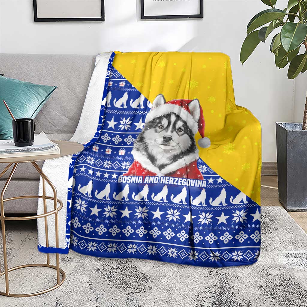 Bosnia and Herzegovina Christmas Blanket with Husky Dog Santa Hat and Blue Yellow Snowflake Pattern - Wonder Print Shop