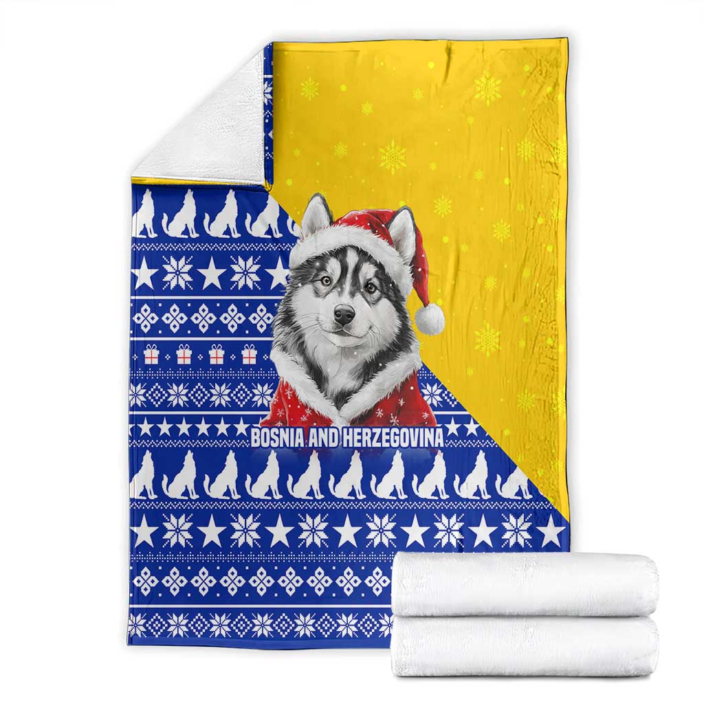 Bosnia and Herzegovina Christmas Blanket with Husky Dog Santa Hat and Blue Yellow Snowflake Pattern - Wonder Print Shop