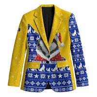 Bosnia and Herzegovina Christmas Blazer with Husky Dog Santa Hat and Blue Yellow Snowflake Pattern - Wonder Print Shop