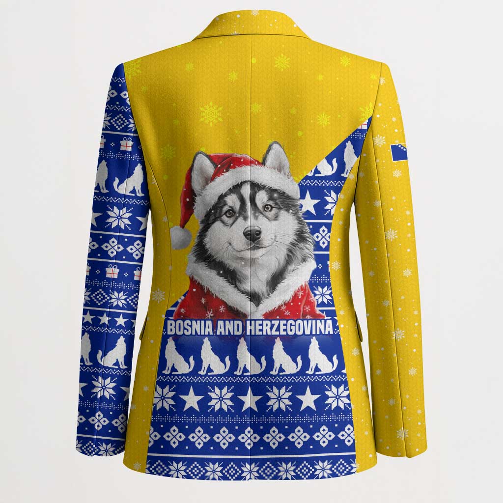 Bosnia and Herzegovina Christmas Blazer with Husky Dog Santa Hat and Blue Yellow Snowflake Pattern - Wonder Print Shop