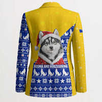 Bosnia and Herzegovina Christmas Blazer with Husky Dog Santa Hat and Blue Yellow Snowflake Pattern - Wonder Print Shop