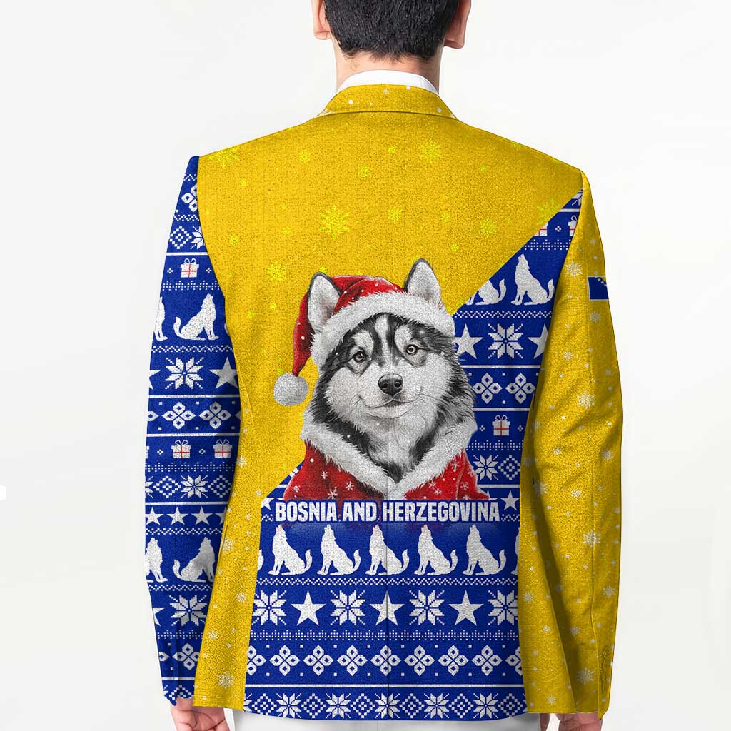 Bosnia and Herzegovina Christmas Blazer with Husky Dog Santa Hat and Blue Yellow Snowflake Pattern - Wonder Print Shop