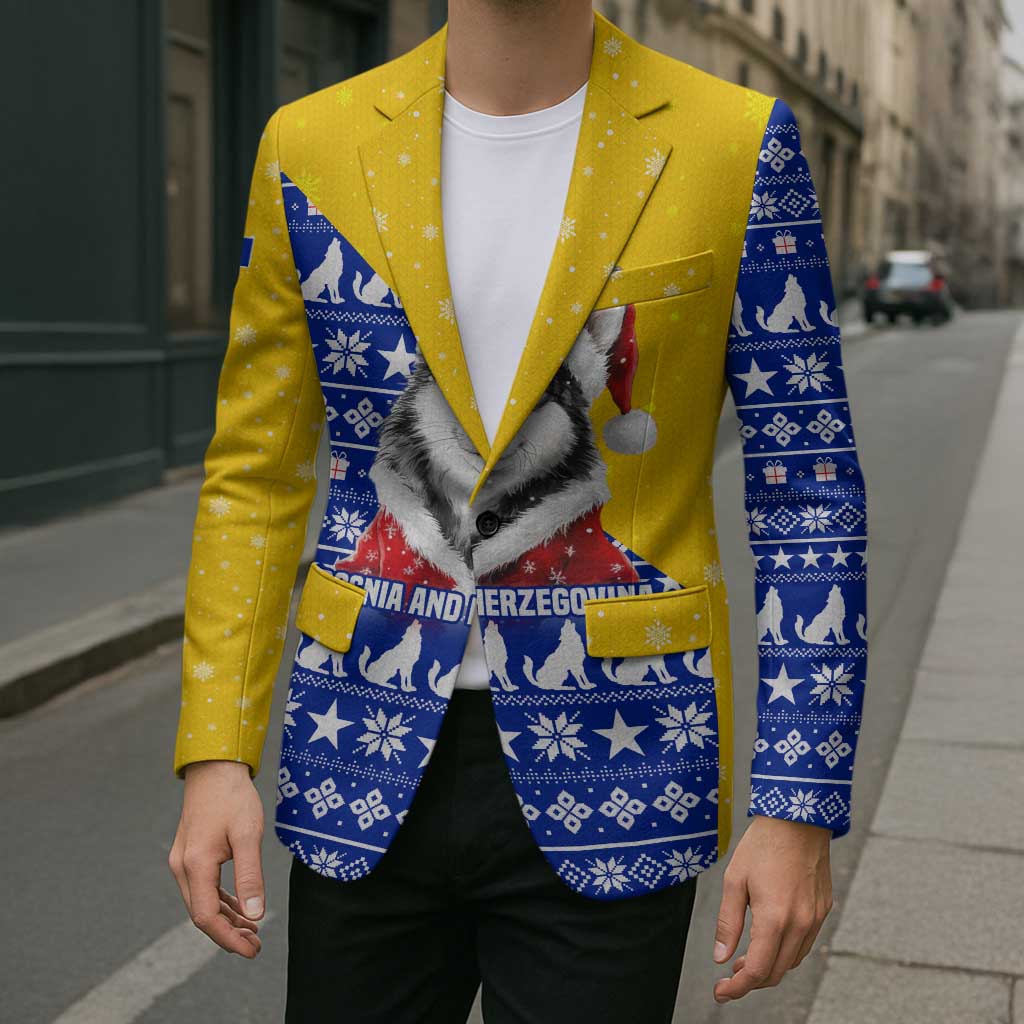 Bosnia and Herzegovina Christmas Blazer with Husky Dog Santa Hat and Blue Yellow Snowflake Pattern - Wonder Print Shop