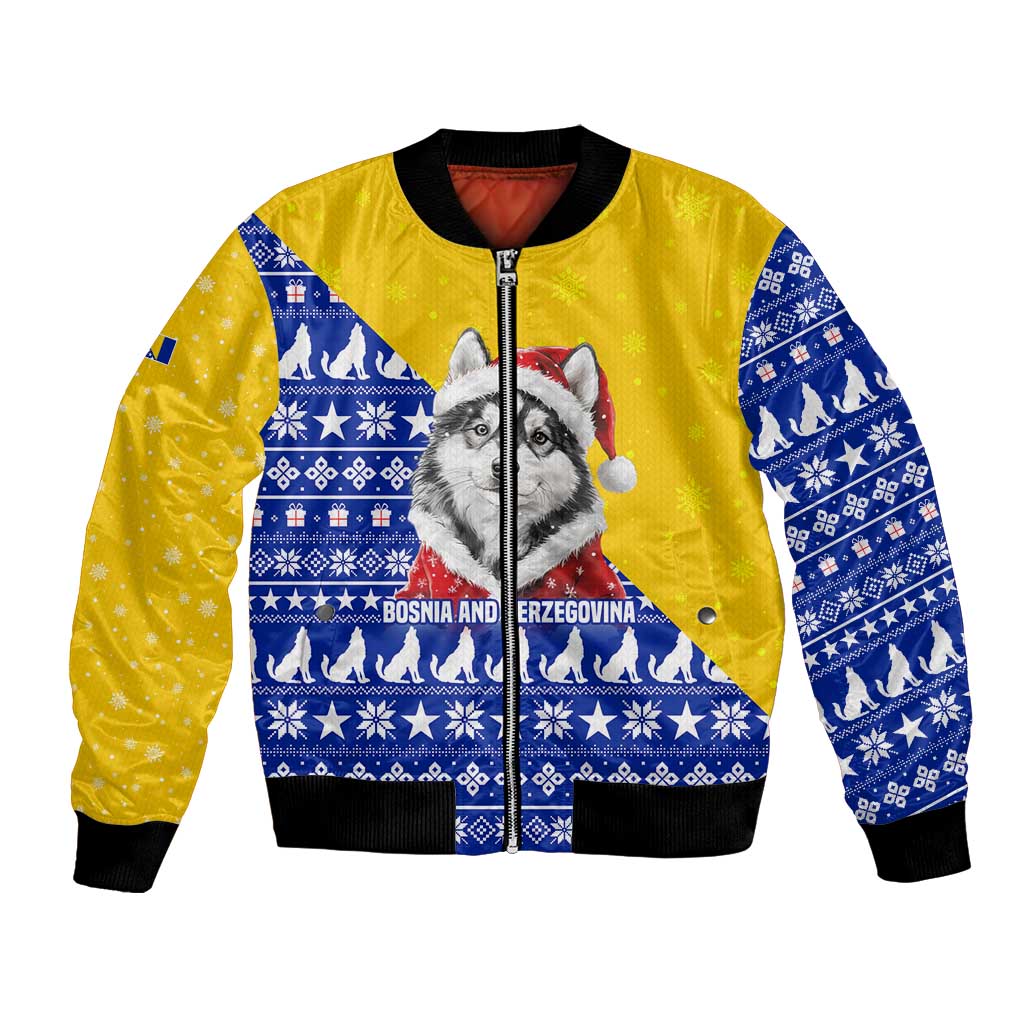 Bosnia and Herzegovina Christmas Bomber Jacket with Husky Dog Santa Hat and Blue Yellow Snowflake Pattern - Wonder Print Shop