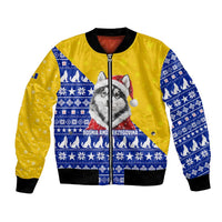 Bosnia and Herzegovina Christmas Bomber Jacket with Husky Dog Santa Hat and Blue Yellow Snowflake Pattern - Wonder Print Shop