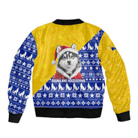 Bosnia and Herzegovina Christmas Bomber Jacket with Husky Dog Santa Hat and Blue Yellow Snowflake Pattern - Wonder Print Shop