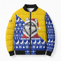Bosnia and Herzegovina Christmas Bomber Puffer Jacket with Husky Dog Santa Hat and Blue Yellow Snowflake Pattern - Wonder Print Shop