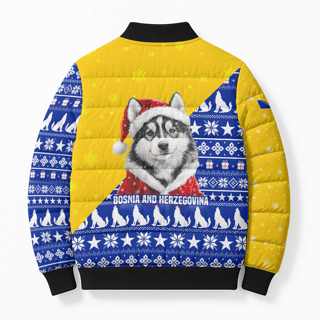 Bosnia and Herzegovina Christmas Bomber Puffer Jacket with Husky Dog Santa Hat and Blue Yellow Snowflake Pattern - Wonder Print Shop